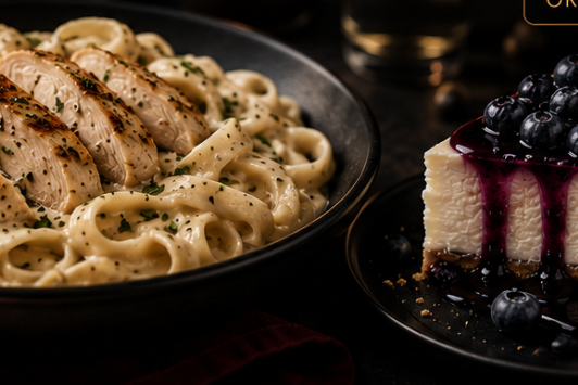Cajan Chicken Alfredo w/ Blueberry Lemon Cheescake